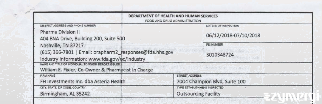 FDANews 483 F.H. Investments Inc. dba Asteria Health Jul 10 2018 top