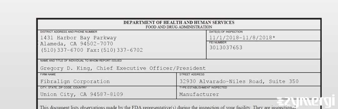 FDANews 483 Fibralign Corporation Nov 8 2018 top