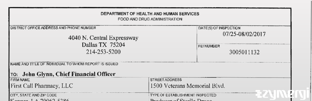 FDANews 483 First Call Pharmacy, L.L.C. Aug 2 2017 top