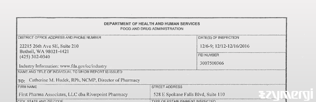 FDANews 483 First Pharma Associates LLC dba Riverpoint Pharmacy Dec 16 2016 top