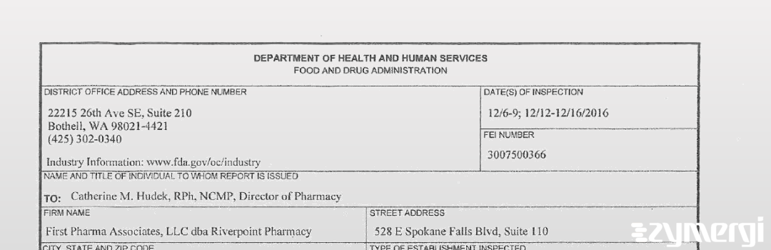 FDANews 483 First Pharma Associates LLC dba Riverpoint Pharmacy Dec 16 2016 top