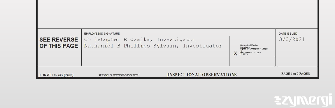 Christopher R. Czajka FDA Investigator Nathaniel B. Phillips Sylvain FDA Investigator Phillips Sylvain, Nathaniel B FDA Investigator 