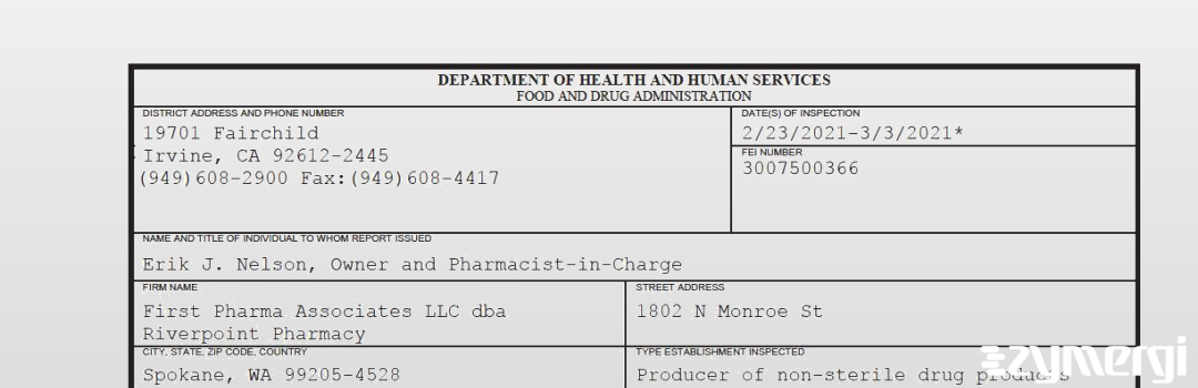 FDANews 483 First Pharma Associates LLC dba Riverpoint Pharmacy Mar 3 2021 top