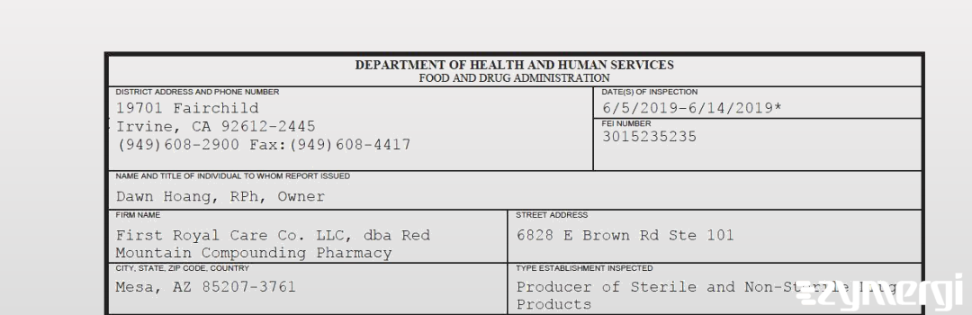 FDANews 483 First Royal Care Co. LLC, dba Red Mountain Compounding Pharmacy Jun 14 2019 top