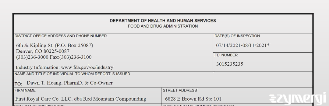 FDANews 483 First Royal Care Co. LLC, dba Red Mountain Compounding Pharmacy Aug 11 2021 top