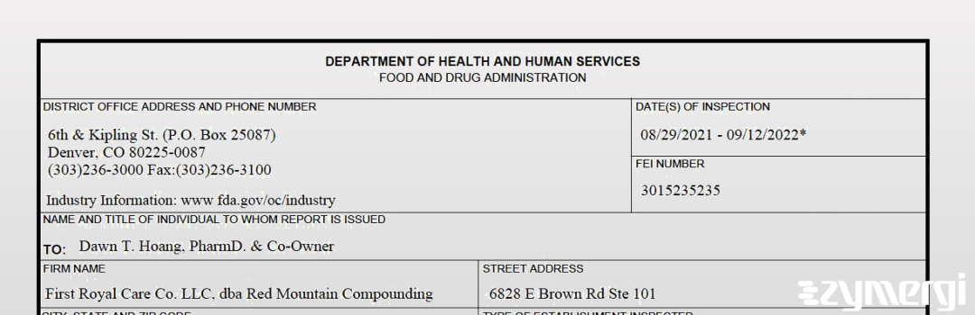 FDANews 483 First Royal Care Co. LLC, dba Red Mountain Compounding Pharmacy Sep 12 2022 top