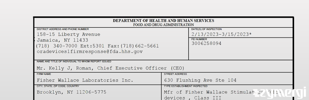 FDANews 483 Fisher Wallace Laboratories Inc. Mar 15 2023 top