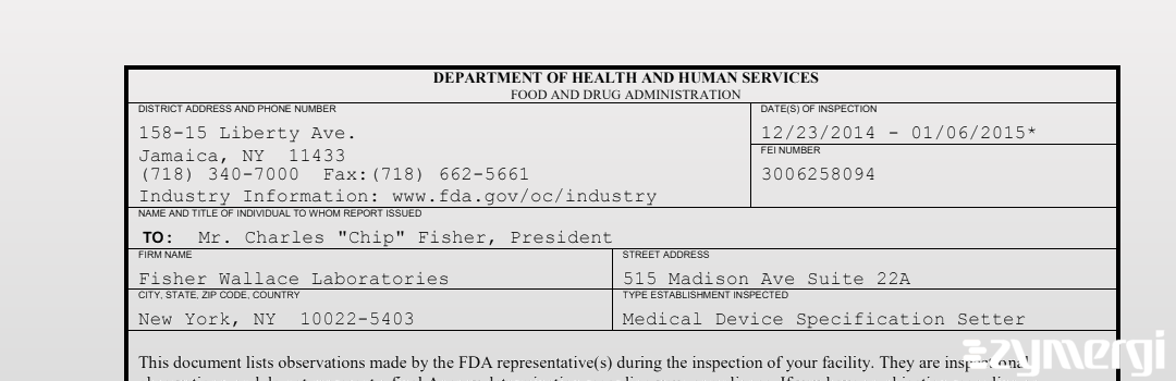 FDANews 483 Fisher Wallace Laboratories Jan 6 2015 top