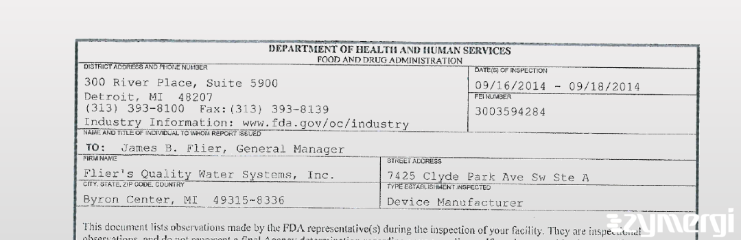 FDANews 483 Flier's Quality Water Systems, Inc. Sep 18 2014 top