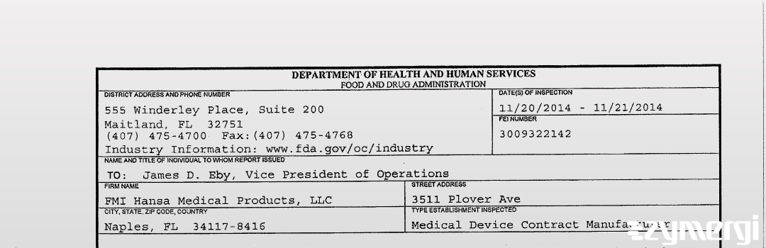FDAzilla 483 FMI Hansa Medical Products, LLC Nov 21 2014 top