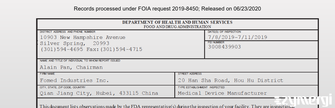 FDANews 483 Fomed Industries Inc. Jul 11 2019 top