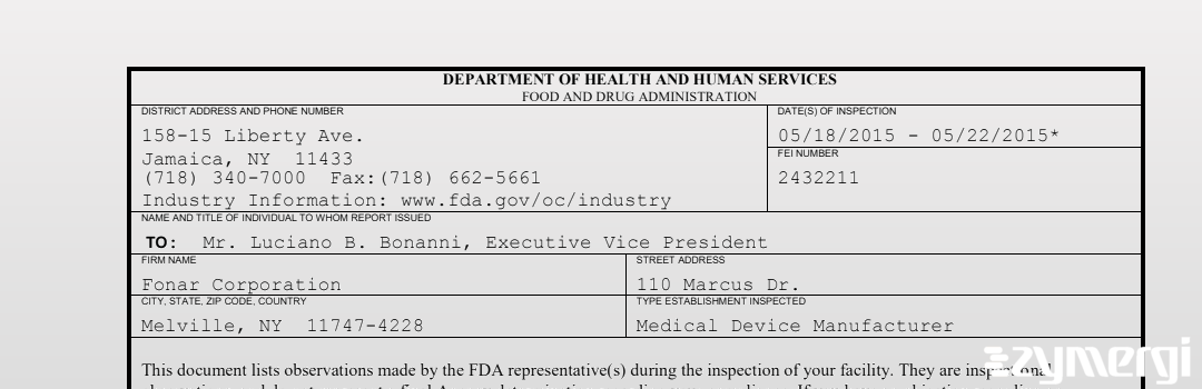 FDANews 483 Fonar Corporation May 22 2015 top