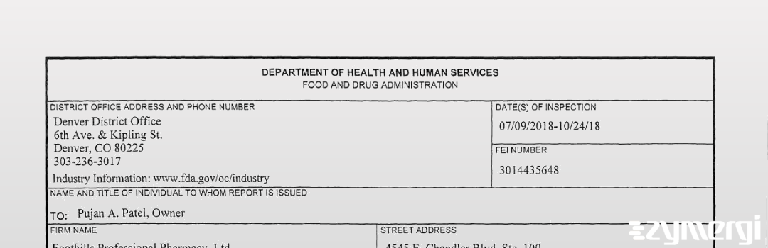 FDANews 483 Foothills Professional Pharmacy, LTD Oct 24 2018 top