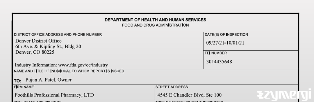 FDANews 483 Foothills Professional Pharmacy, LTD Oct 1 2021 top