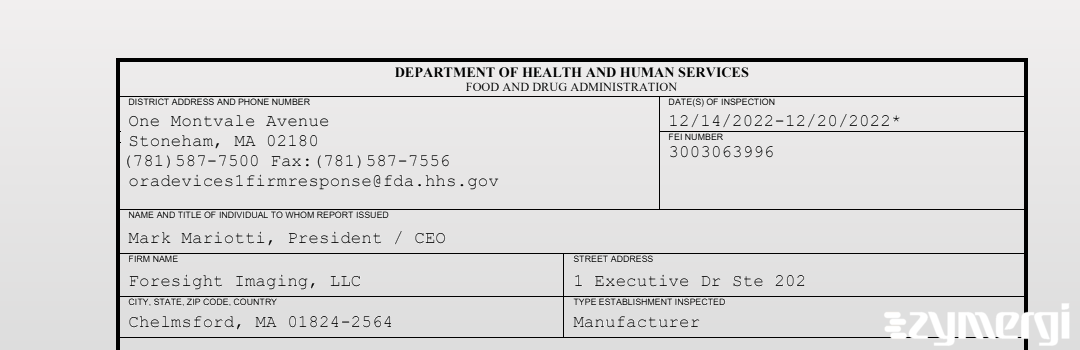 FDANews 483 Foresight Imaging, LLC Dec 20 2022 top