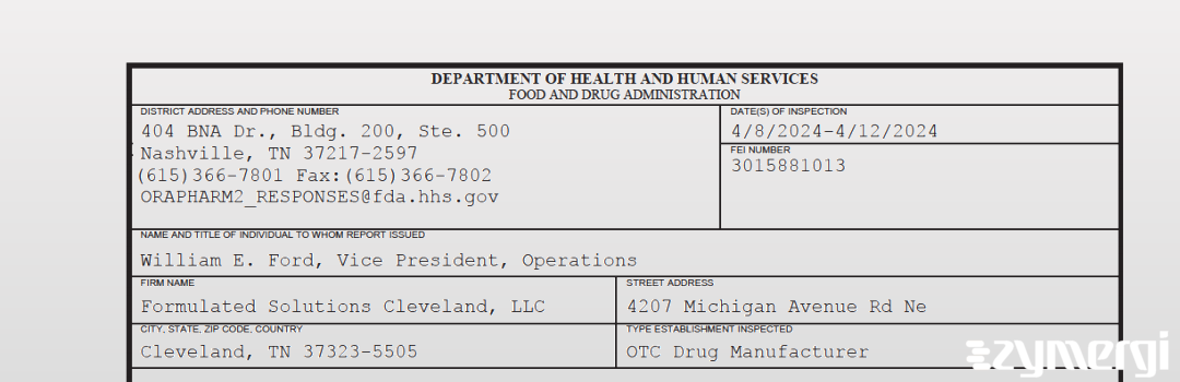 FDANews 483 Formulated Solutions Cleveland, LLC Apr 12 2024 top