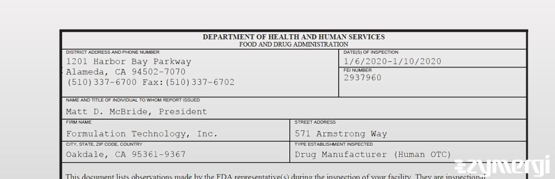 FDANews 483 Formulation Technology, Inc. Jan 10 2020 top