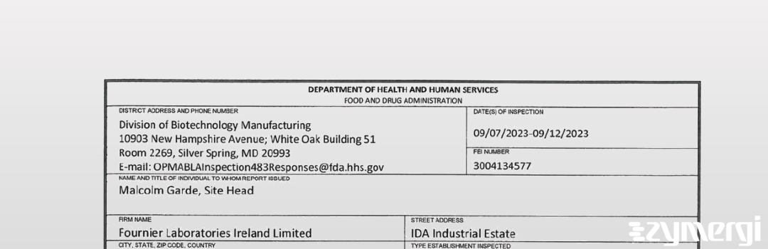 FDANews 483 Fournier Laboratories Ireland, Ltd. (Abbvie Cork) Sep 12 2023 top