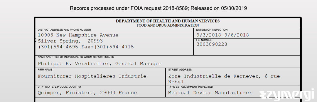 FDANews 483 Fournitures Hospitalieres Industrie Sep 6 2018 top