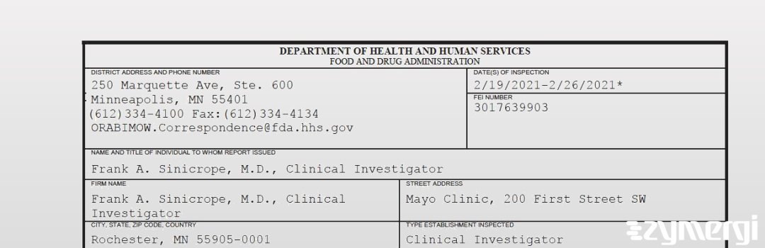 FDANews 483 Frank A. Sinicrope, M.D., Clinical Investigator Feb 26 2021 top