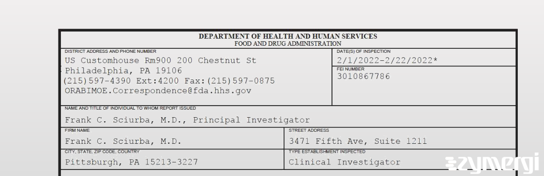 FDANews 483 Frank C. Sciurba, M.D. Feb 22 2022 top