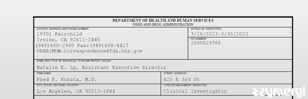 FDANews 483 Fred K. Kurata, M.D. Mar 30 2023 top