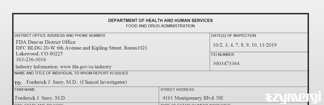 FDANews 483 Frederick J. Snoy, M.D. Oct 11 2019 top