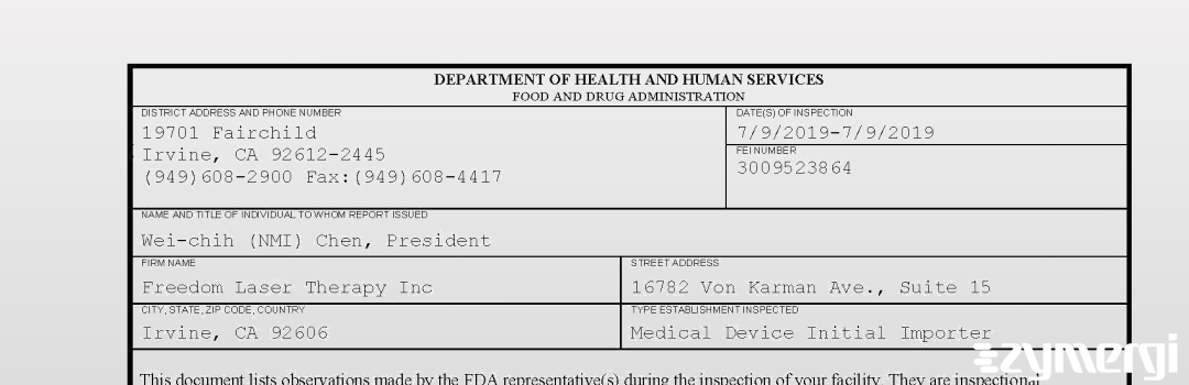 FDANews 483 Freedom Laser Therapy Inc Jul 9 2019 top