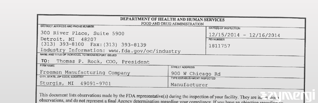 FDAzilla 483 Freeman Manufacturing Company Dec 16 2014 top