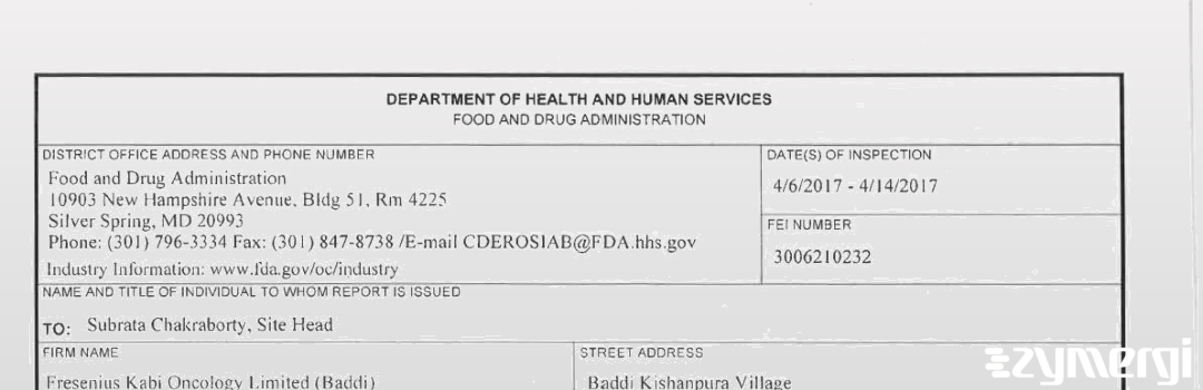 FDANews 483 Fresenius Kabi Oncology Limited (Baddi) Apr 14 2017 top