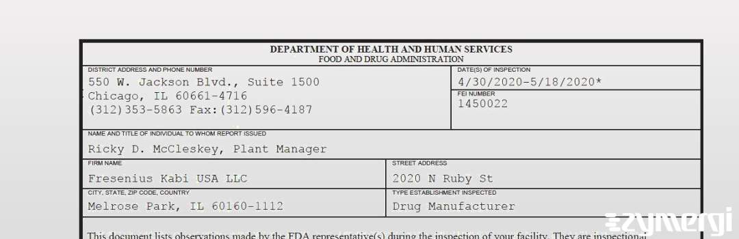 FDANews 483 Fresenius Kabi USA, LLC May 18 2020 top