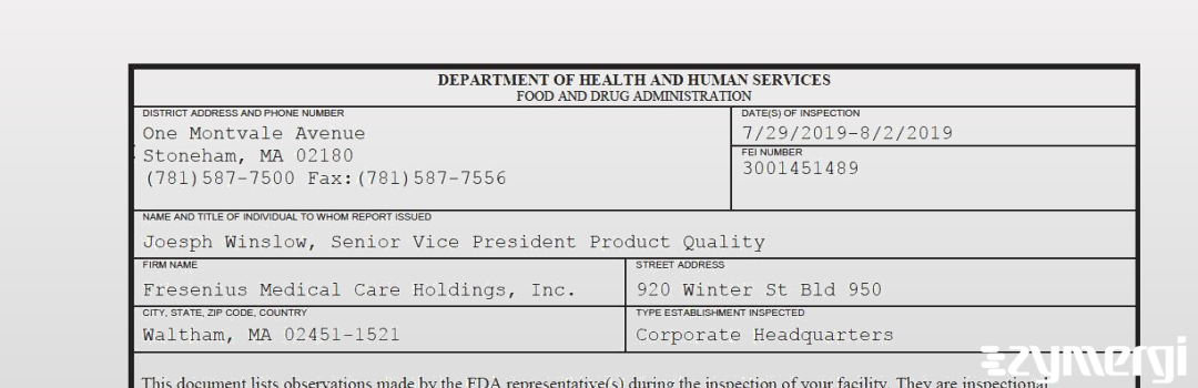 FDANews 483 Fresenius Medical Care Holdings, Inc. Aug 2 2019 top