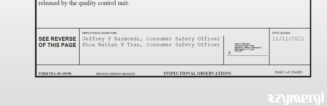 Jeffrey P. Raimondi FDA Investigator Khoa Nathan Tran FDA Investigator Tran, Khoa Nathan V FDA Investigator 