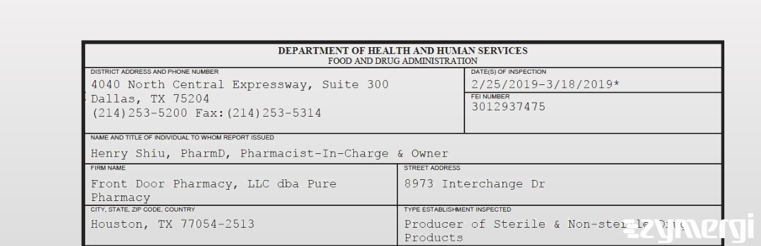 FDANews 483 Front Door Pharmacy, LLC dba Pure Pharmacy Mar 18 2019 top