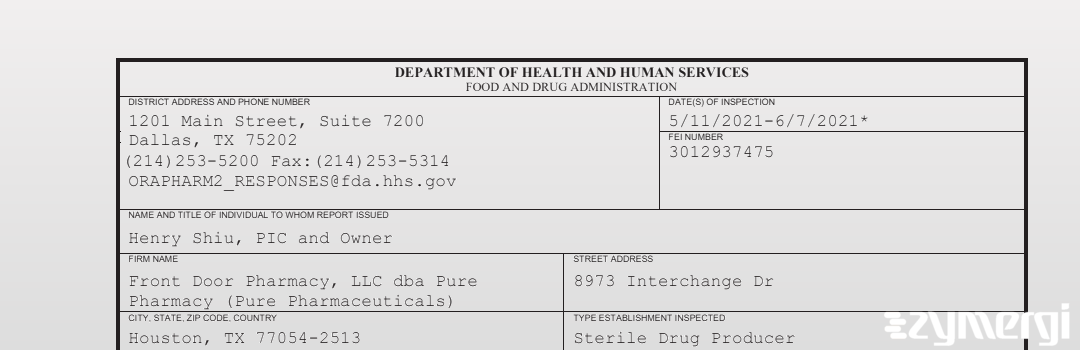 FDANews 483 Front Door Pharmacy, LLC dba Pure Pharmacy (Pure Pharmaceuticals) Jun 7 2021 top