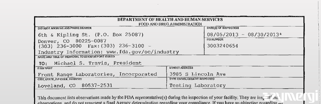 FDANews 483 Front Range Laboratories, Incorporated Aug 30 2013 top