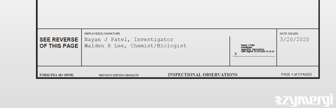 Walden H. Lee FDA Investigator Nayan J. Patel FDA Investigator 