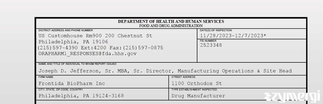 FDANews 483 Frontida BioPharm Inc Dec 7 2023 top