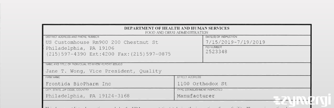 FDANews 483 Frontida BioPharm Inc Jul 19 2019 top