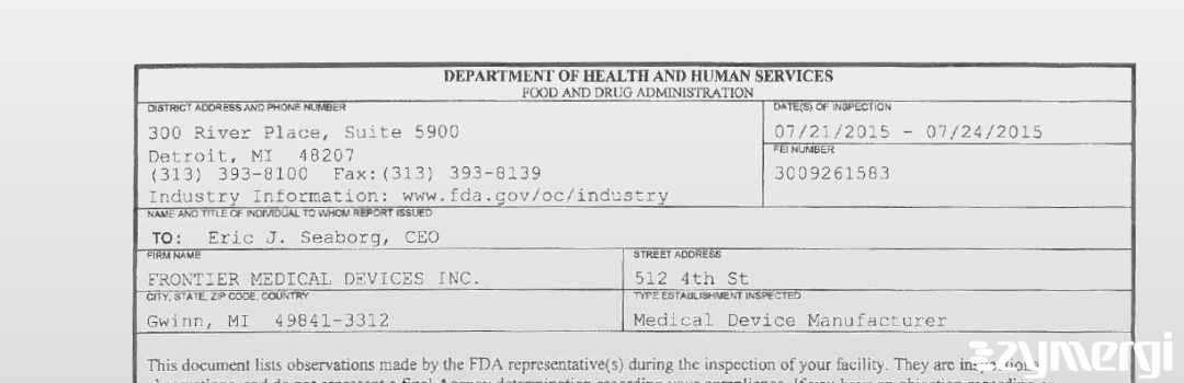 FDANews 483 FRONTIER MEDICAL DEVICES INC. Jul 24 2015 top