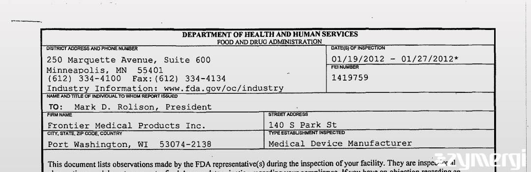 FDANews 483 Frontier Medical Products Inc. Jan 27 2012 top