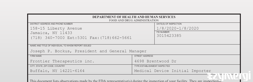 FDANews 483 Frontier Therapeutics inc. Jan 8 2020 top