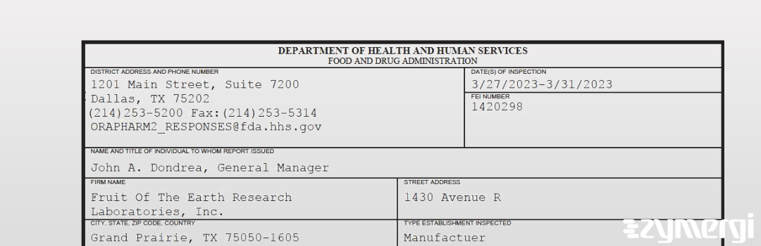 FDANews 483 Fruit Of The Earth Research Laboratories, Inc. Mar 31 2023 top