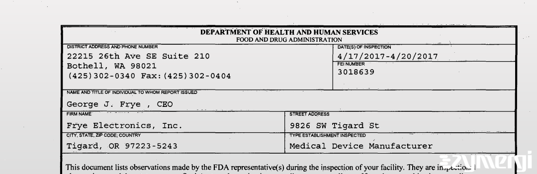 FDANews 483 Frye Electronics Inc Apr 20 2017 top