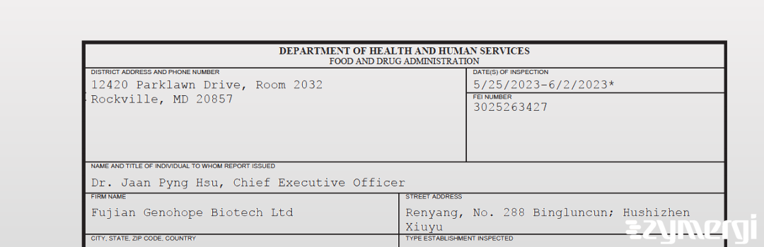 FDANews 483 Fujian Genohope Biotech Ltd Jun 2 2023 top