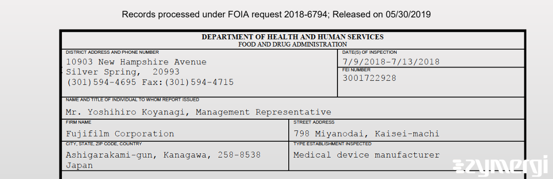 FDANews 483 Fujifilm Corporation Jul 13 2018 top