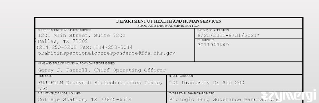 FDANews 483 FUJIFILM Diosynth Biotechnologies Texas, LLC Aug 31 2021 top