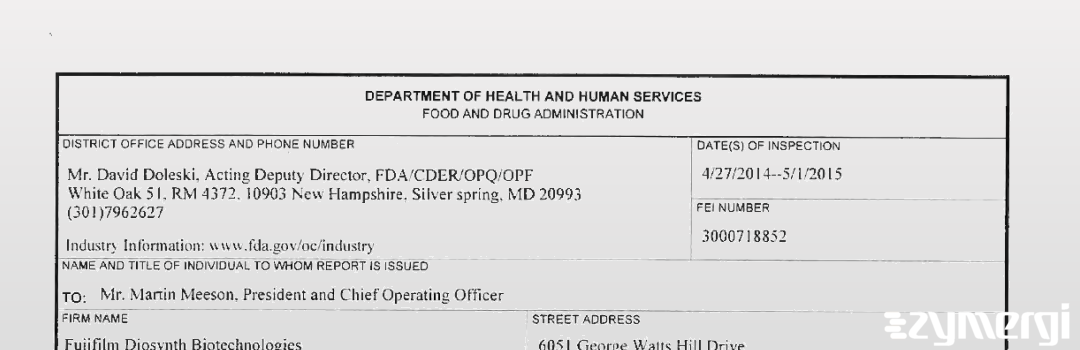 FDANews 483 FujiFilm Diosynth Biotechnologies U.S.A., Inc. May 1 2015 top