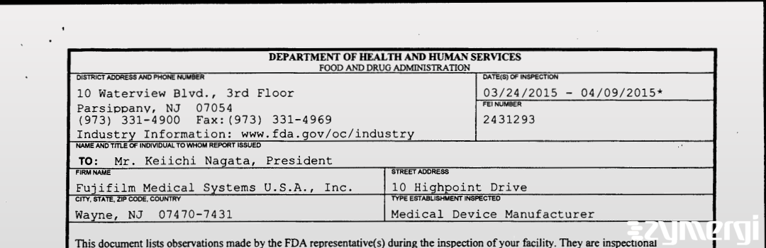 FDANews 483 Fujifilm Medical Systems USA, Inc. Apr 9 2015 top