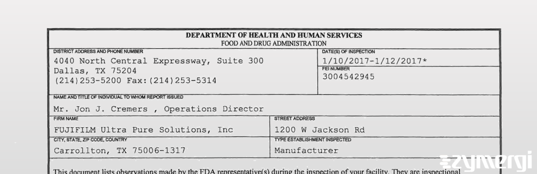 FDANews 483 FujiFilm Ultra Pure Solutions, Inc. Jan 12 2017 top